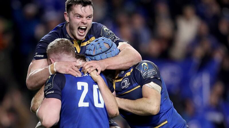 Leinster’s Luke McGrath celebrates scoring a try with Dan Leavy, Scott Fardy and James Ryan in their victory over Exeter Chiefs at the Aviva Stadium. Photograph:  Dan Sheridan/Inpho