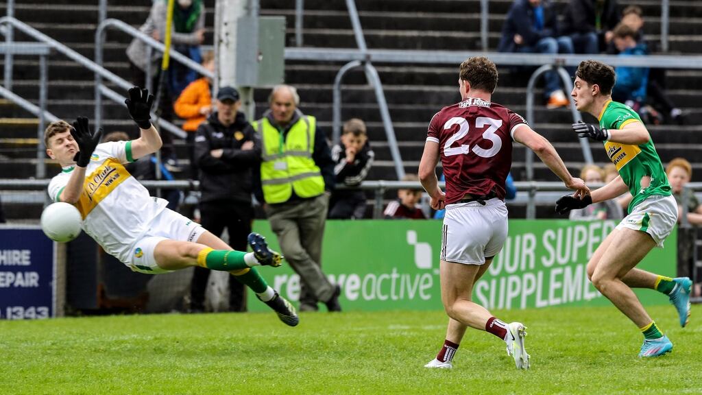 Galway’s Owen Gallagher scores a goal against Leitrim. Photograph: Lorraine O’Sullivan/Inpho