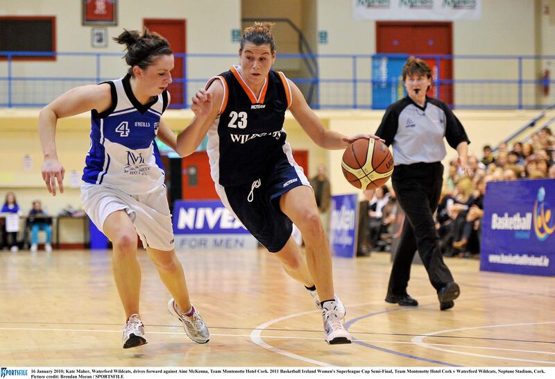 Kate Maher playing for Waterford Wildcats drives forward against Aine McKenna of Team Montenotte Hotel Cork during a Women's Superleague Cup semi-final at Neptune Stadium in Cork. Photograph: Brendan Moran/Sportsfile