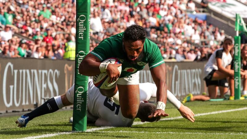 Bundee Aki scores a late consolation try for Ireland at Twickenham. Photograph: Billy Stickland/Inpho