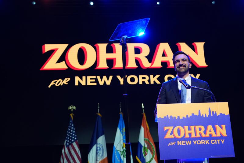 Zohran Mamdani, the Democratic candidate for mayor of New York City, delivers remarks after his victory was announced during an election night watch party in Brooklyn. Photograph: Todd Heisler/The New York Times
                      