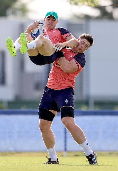 Garry Ringrose and Joe McCarthy during Ireland squad training at Complexe de la Chambrerie, Tours. Photograph: Dan Sheridan/Inpho 
