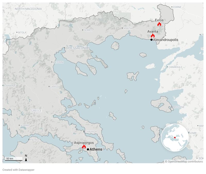 Some of the fires burning around Greece following record breaking high temperatures. Marker locations are approximated. Map: Datawrapper