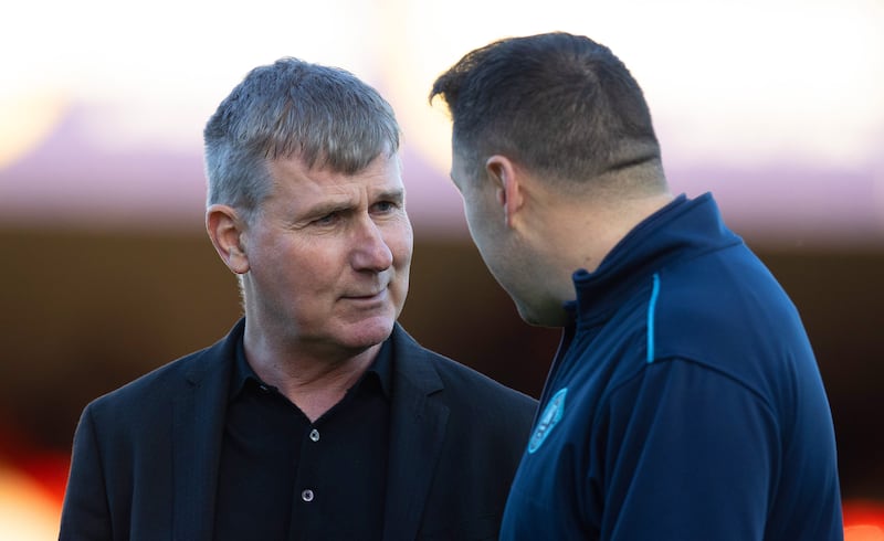 St Patrick's Athletic manager Stephen Kenny (left) with assistant coach Brian Gartland ahead of Saturday's Premier Division match against Shelbourne at Tolka Park. Photograph: Leah Scholes/Inpho