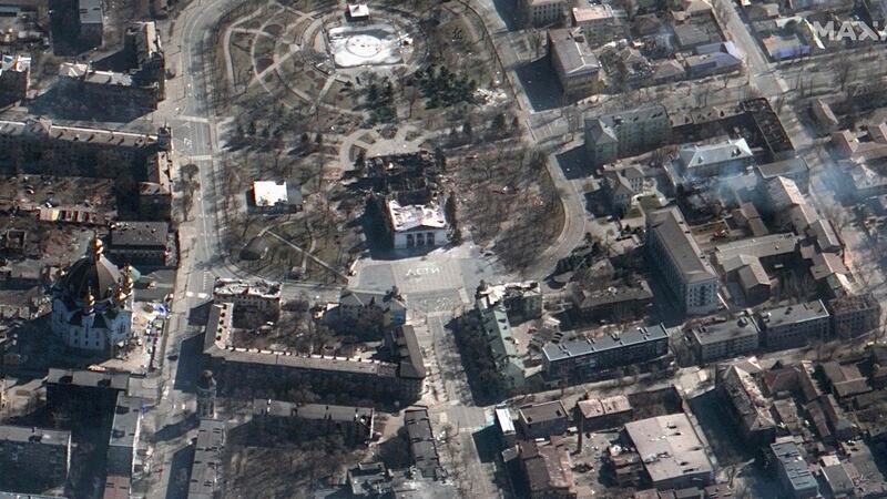 Maxar satellite image shows the aftermath of the airstrike on the Mariupol Drama Theatre, in Mariupol southern Ukraine. Photograph: AFP via Getty Images