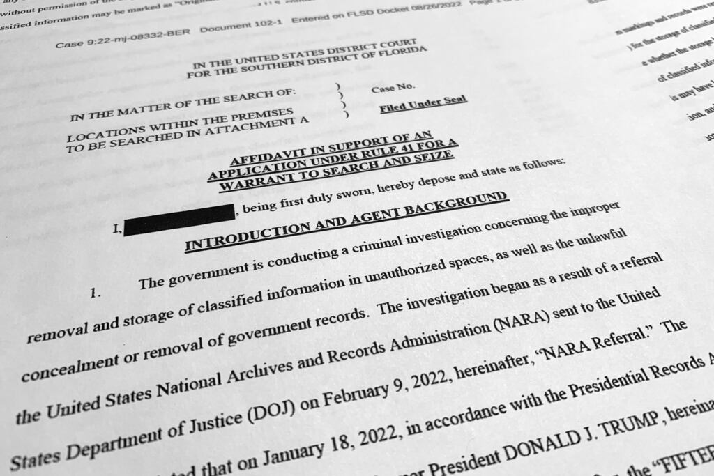 The affidavit by the FBI in support of obtaining a search warrant for former president Donald Trump’s Mar-a-Lago estate. Photograph: Jon Elswick/AP