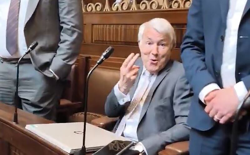 Michael Lowry gestures in the Dáil during chaotic scenes during the row over speaking rights. Still image taken from a video uploaded to social media by TD Paul Murphy