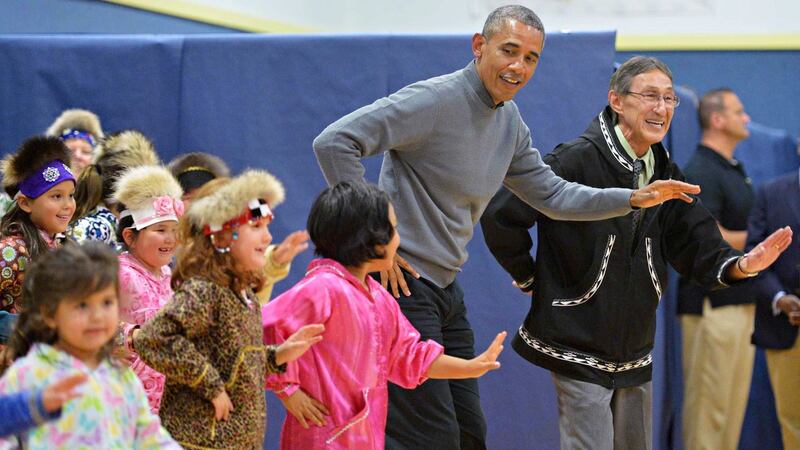 Barack Obama dances with children at a cultural performance in Alaska on September 2nd, 2015. Photograph: Mandel Ngan/AFP/Getty Images