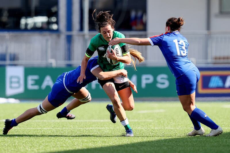 France's Morgane Peyronnet tackling Tyrrell of Ireland  in the women's Six Nations championship in Donnybrook, Dublin, in April 2021. Photograph: Bryan Keane/Inpho