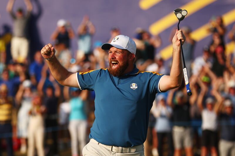 Shane Lowry celebrates on the 17th green during the Sunday singles matches of the 2023 Ryder Cup in Rome. Photograph: Maddie Meyer/Getty
