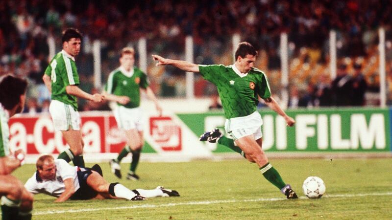 Kevin Sheedy scores for Ireland against England during the 1990 World Cup in Italy. Photograph: Billy Stickland/Inpho