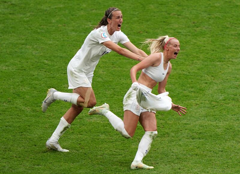 England's Chloe Kelly after scoring the winning goal in the Euro 2022 final. Photograph: Joe Giddeons/PA