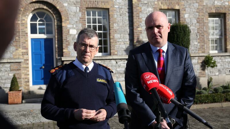 Garda Commissioner Drew Harris and Assistant Chief Constable Mark Hamilton PSNI speak to the media regarding the investigation of the abduction of Kevin Lunney at Garda HQ in the Phoenix Park on Friday. Photograph: Gareth Chaney/ Collins Photos