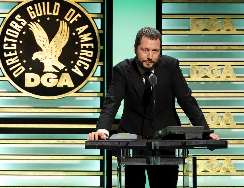 Mstyslav Chernov accepts the Outstanding Directorial Achievement in Documentary Film award for 2000 Meters to Andriivka at this year's Directors Guild Of America Awards. Photograph: Kevin Winter/Getty Images for DGA