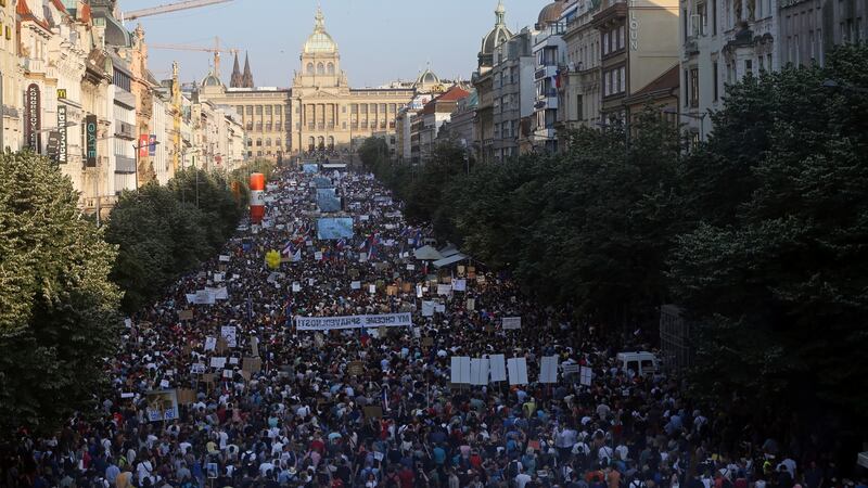 Prague witnessed probably its biggest rally since the 1989 Velvet Revolution on Tuesday evening. Photograph: Bundas Engler/Reuters