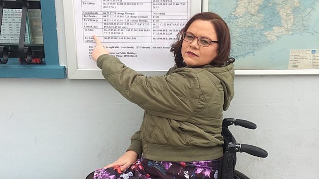Victoria Matthew at Ballyshannon bus station: her travel problems are unfortunately typical as a report by Rehab shows  90 per cent of people with disabilities find transport options inadequate.