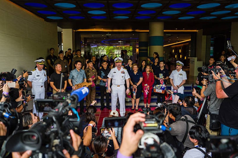 Commanding officer Dan Keeler of the US nuclear-powered aircraft carrier USS Abraham Lincoln speaks to the press during their port call at the Hard Rock Hotel in Pattaya. Photograph: Anthony Wallce/AFP/Getty Images