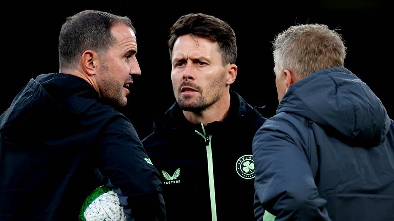 The Republic of Ireland management team of John O'Shea (left), Paddy McCarthy (centre) and head coach Heimir Hallgrímsson. Photograph: Ryan Byrne/Inpho
