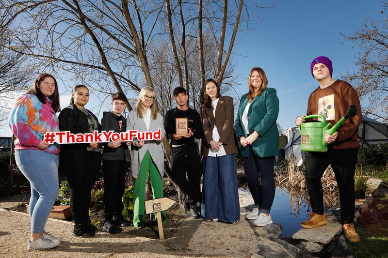 Barry Keoghan was joined by Agnese Filippi, country manager Coca-Cola Ireland, Gillian Shields, sustainability partnership manager, Coca-Cola Hellenic Bottling Company, young people from Bradóg Regional Youth Service and former Fund recipients Global Action Plan in their Green Living and Sustainability Garden (GLAS) to celebrate the launch. Photograph: Leon Farrell/Photocall Ireland