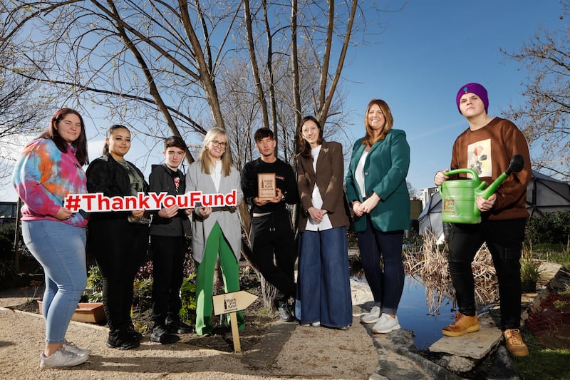Barry Keoghan was joined by Agnese Filippi, country manager Coca-Cola Ireland, Gillian Shields, sustainability partnership manager, Coca-Cola Hellenic Bottling Company, young people from Bradóg Regional Youth Service and former Fund recipients Global Action Plan in their Green Living and Sustainability Garden (GLAS) to celebrate the launch. Photograph: Leon Farrell/Photocall Ireland