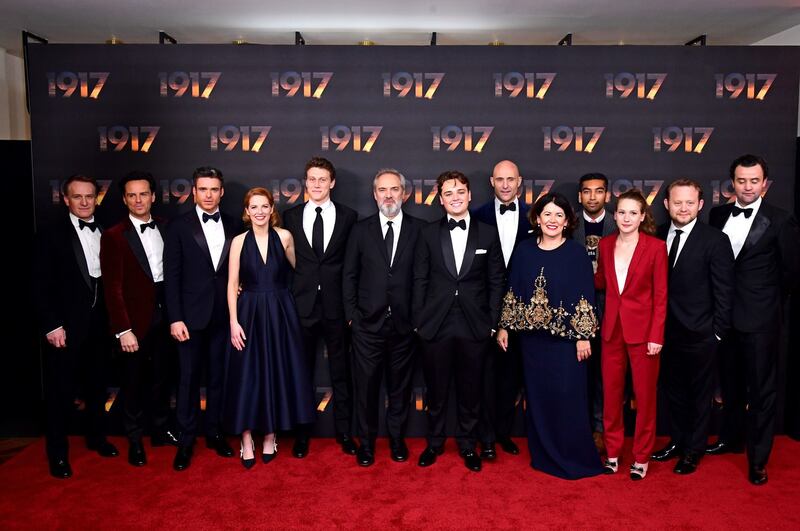 From left to right: Jamie Parker, Andrew Scott, Richard Madden, Krysty Wilson-Cairns, George MacKay, director Sam Mendes, Dean-Charles Chapman, Mark Strong, Pippa Harris, Nabhaan Rizwan, Claire Duburcq and Daniel Mays at the 1917 world premiere at Leicester Square, London on December 4th. Photograph: Ian West/PA Wire