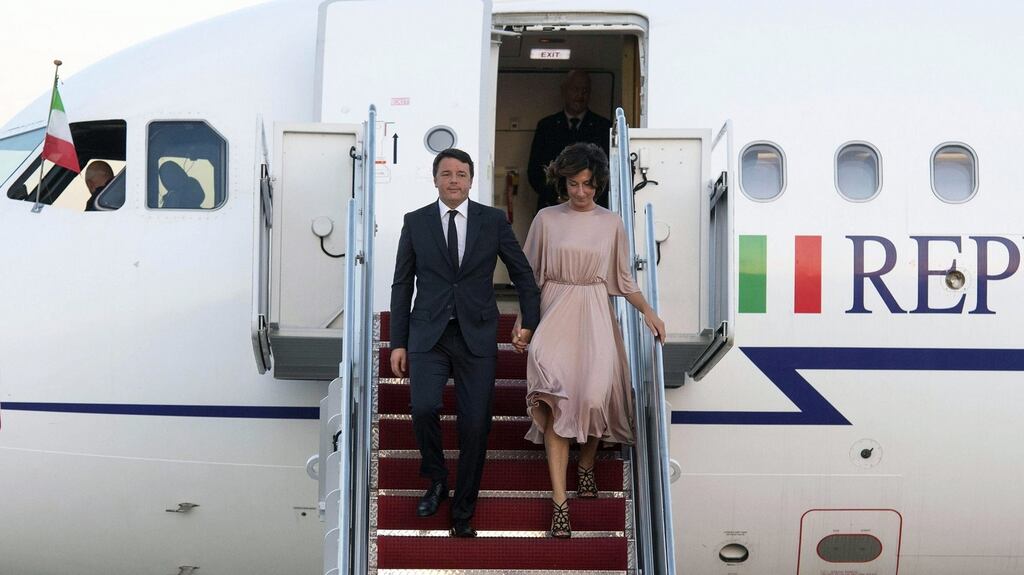 Italy’s prime minister Matteo Renzi and his wife Agnese Landini arrive in Washington on Tuesday ahead of a gala banquet at the White House being hosted by US president Barack Obama. Photograph: Tiberio Barchielli/EPA/Palazzo Chigi press office
