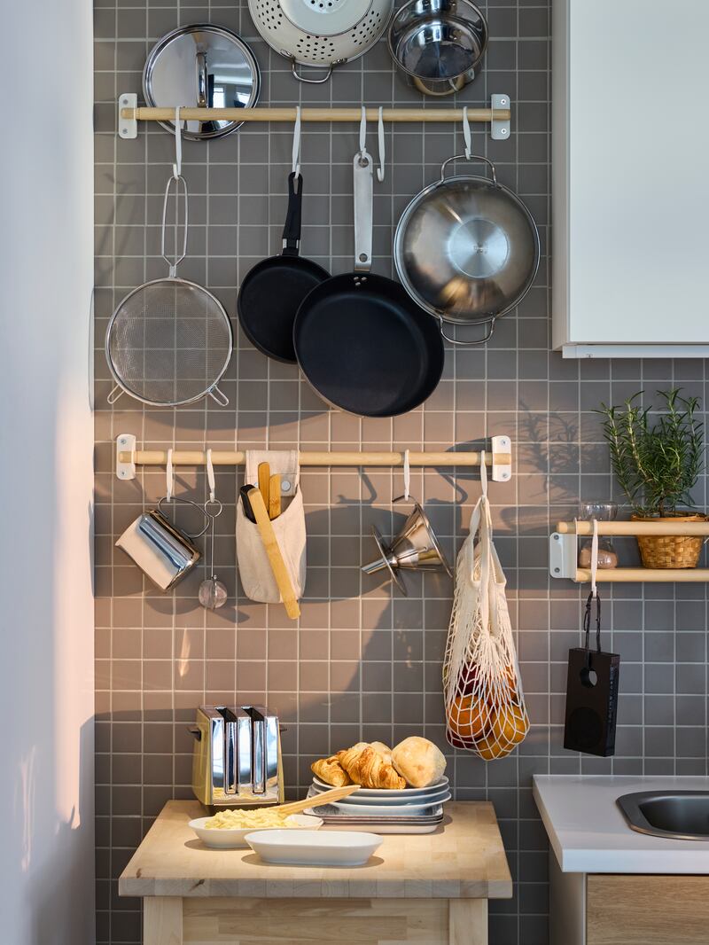 Ikea has several wall-hung solutions for storing kitchen kit, pots and pans