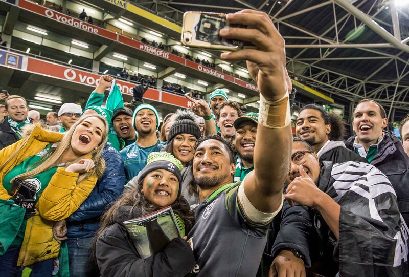 Bundee Aki takes a selfie with his daughter Adrianna and family members after making his Ireland debut against South Africa at the Aviva Stadium in 2017. Photograph: Morgan Treacy/Inpho