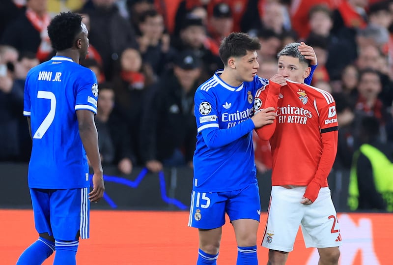 Benfica player Gianluca Prestianni covers his mouth while arguing with Real Madrid's Brazilian forward Vinícius Junior during during a Champions League match in Lisbon on February 17th. Photogrpaph: Patricia del Melo Moreira/AFP/Getty