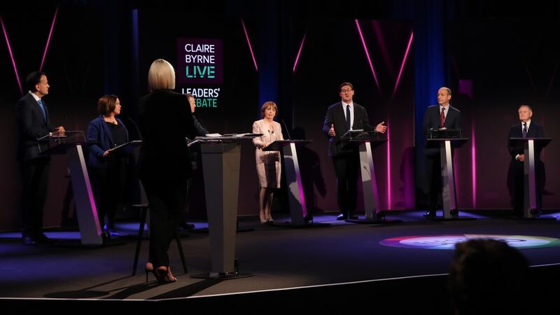 Claire Byrne faces Fine Gael leader, Taoiseach Leo Varadkar, Sinn Féin leader Mary Lou McDonald, Solidarity People Before Profit politician Richard Boyd Barrett, Social Democrats joint leader Róisín Shortall, Green Party leader Eamon Ryan, Fianna Fáil leader Micheal Martin and Labour Party leader Brendan Howlin, as they take to the stage for the seven-way RTÉ leaders’ debate at the NUIG campus. Photograph: Niall Carson/PA Wire