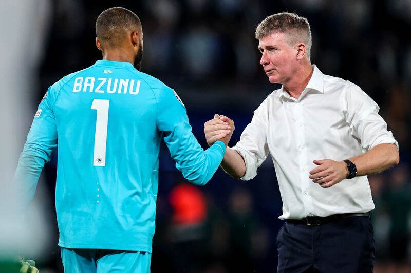 Ireland's Gavin Bazunu and manager Stephen Kenny following the defeat in Paris to France. Kenny's plans came unstuck in the dismal defeat away to a mediocre Greece side. Photograph: Ryan Byrne/Inpho