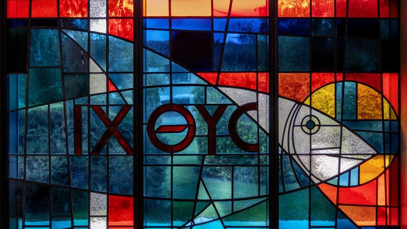 The Fish (Christ) (1969-70) stained glass window, (detail) in the chapel of Nazareth House, Dublin. Reproduced courtesy of the Nazareth Sisters, Dublin, and with the permission of the King Estate. Photograph: Jozef Vrtiel