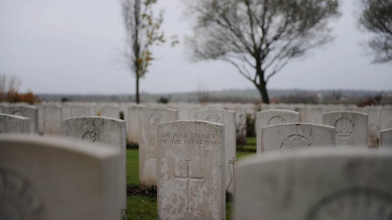 The grave of an unknown Irish soldier lies in the Messines Ridge military cemetery in Messines, Belgium. Photograph: Aidan Crawley