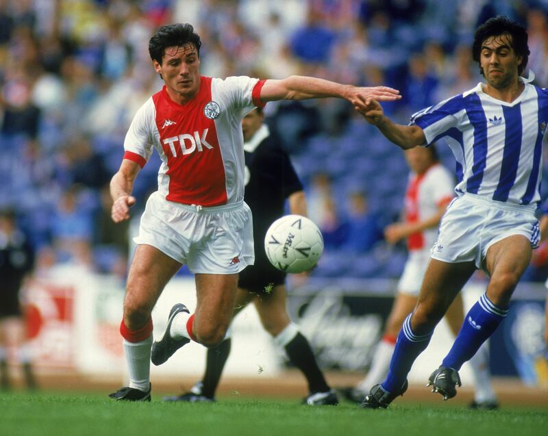 Frank Stapleton of Ajax runs with the ball during a preseason 2-1 victory over Real Sociedad in 1987 at Hampden Park, Glasgow. Photograph: Chris Cole/Getty