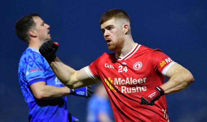 Cathal McShane of Tyrone celebrates scoring against Monaghan. Photograph: Andrew Paton/Inpho