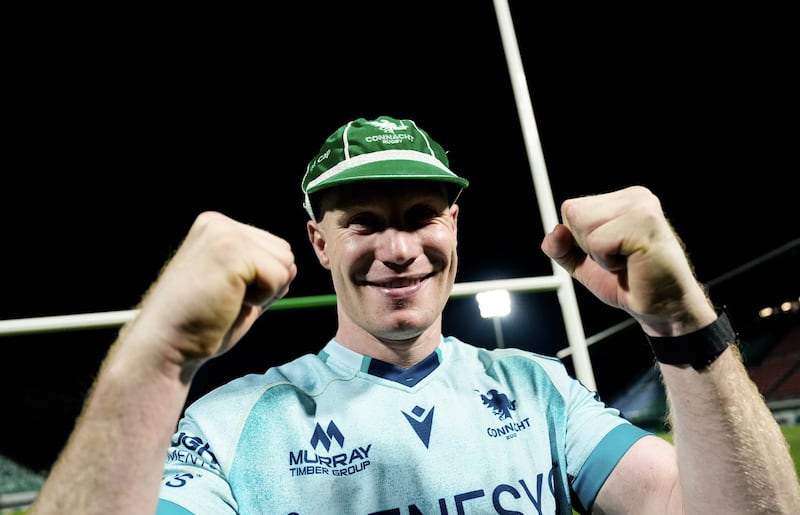 Connacht’s Ciaran Frawley with his debut cap after the game. Photograph: Matteo Ciambelli/Inpho