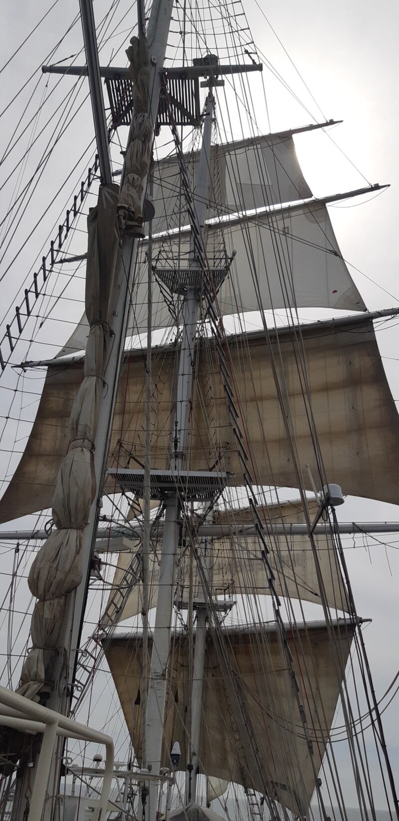 Wind in her sails and whistling about the rigging.