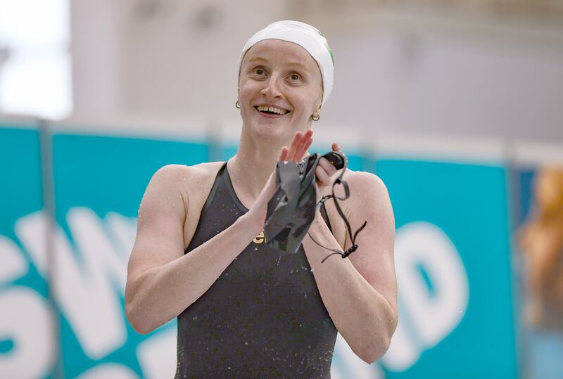 Danielle Hill celebrates winning at the National Aquatic Centre in Dublin. Photograph: Tom Maher/Inpho