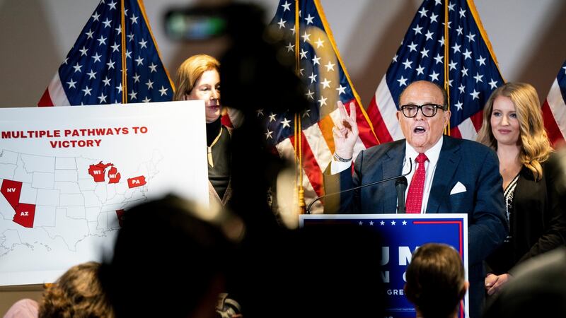 Donald Trump’s lawyer Rudy Giuliani speaks during a news conference about the results of the 2020 presidential election  in Washington on November 19th. Photograph: Erin Schaff/New York Times