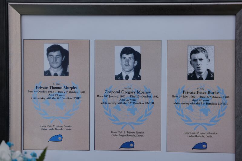 Wreaths were laid on Thursday during a ceremony by members of the Irish UN Veterans association (IUNVA) to mark the 40th anniversary of the killing of Col Gregory Morrow, Pte Thomas Murphy and Pte Peter Burke. Photograph: Alan Betson 
