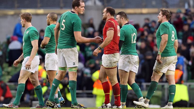 Devin Toner and Jamie Roberts shake hands after Ireland and Wales drew 16-16 in 2016. Photograph: Colm O’Neill/Inpho