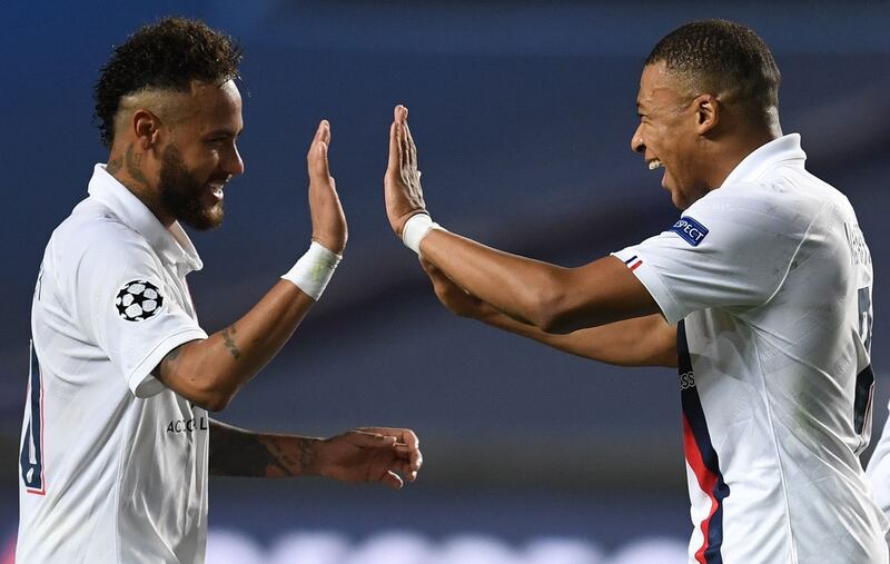 Paris Saint-Germain’s Brazilian forward Neymar and French forward Kylian Mbappe. Photograph: Getty Images