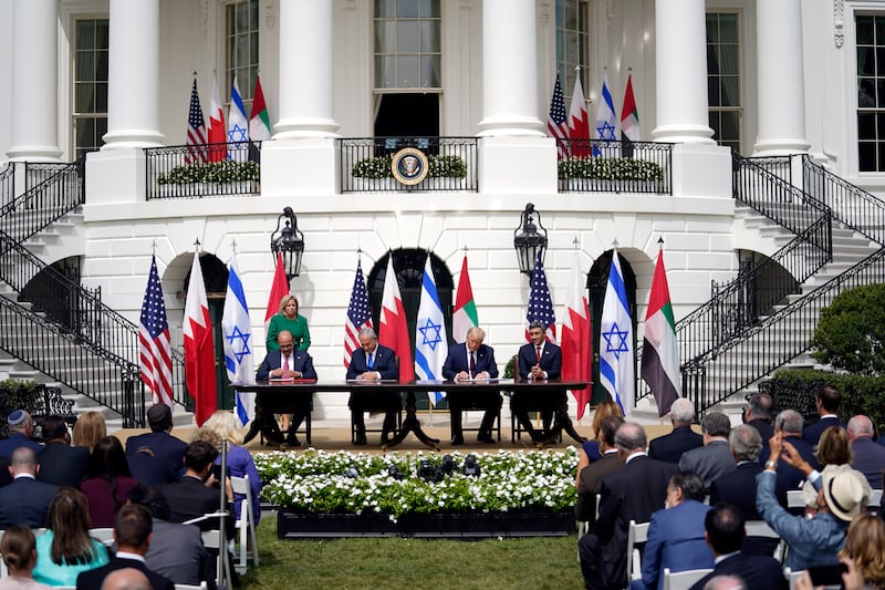 The signing of the Abraham Accords at the White House in September 2020. From left: foreign minister Khalid bin Ahmed Al Khalifa of Bahrain; Israeli prime minister Binyamin Netanyahu; US president Donald Trump; and UAE foreign minister Abdullah bin Zayed al-Nahyan. Photograph: Doug Mills/The New York Times