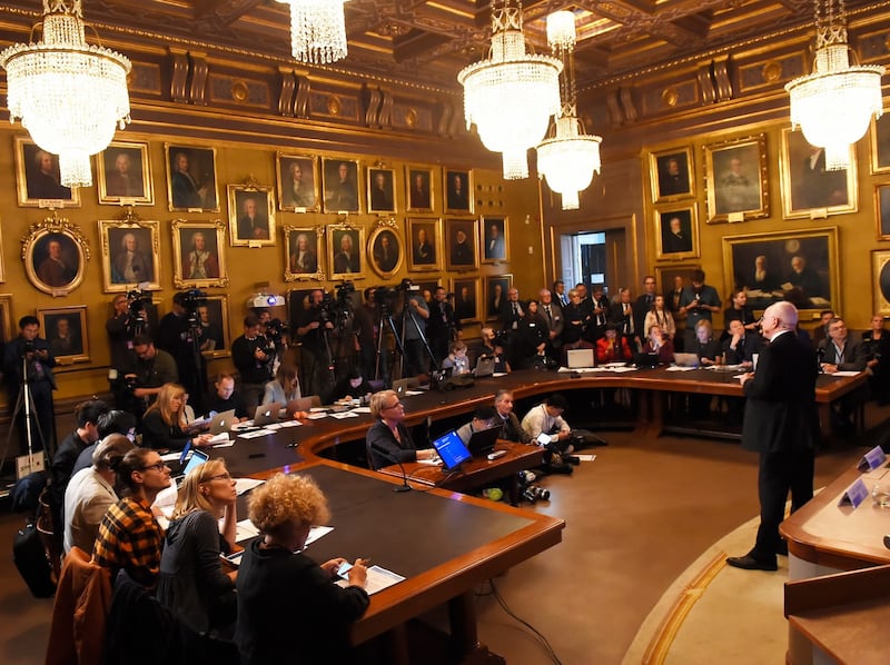 Nobel Prize in Physics: this year’s trio of laureates are announced in Stockholm. Photograph: Hanna Franzen/EPA