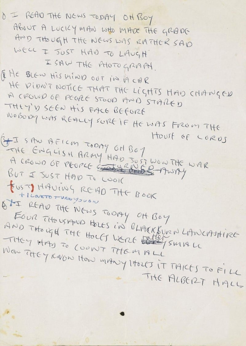 Autograph manuscript of John Lennon’s lyrics for  “A Day in the Life”, the final track on The Beatles’ 1967 album “Sgt Pepper’s Lonely Hearts Club Band”