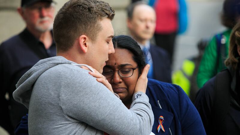 Jordan White and  Hamsavani Rajeswaren both from Belfast during an NUJ vigil for Lyra McKee at the Garden of Remembrance, Parnell Square, Dublin.Photo: Gareth Chaney/Collins