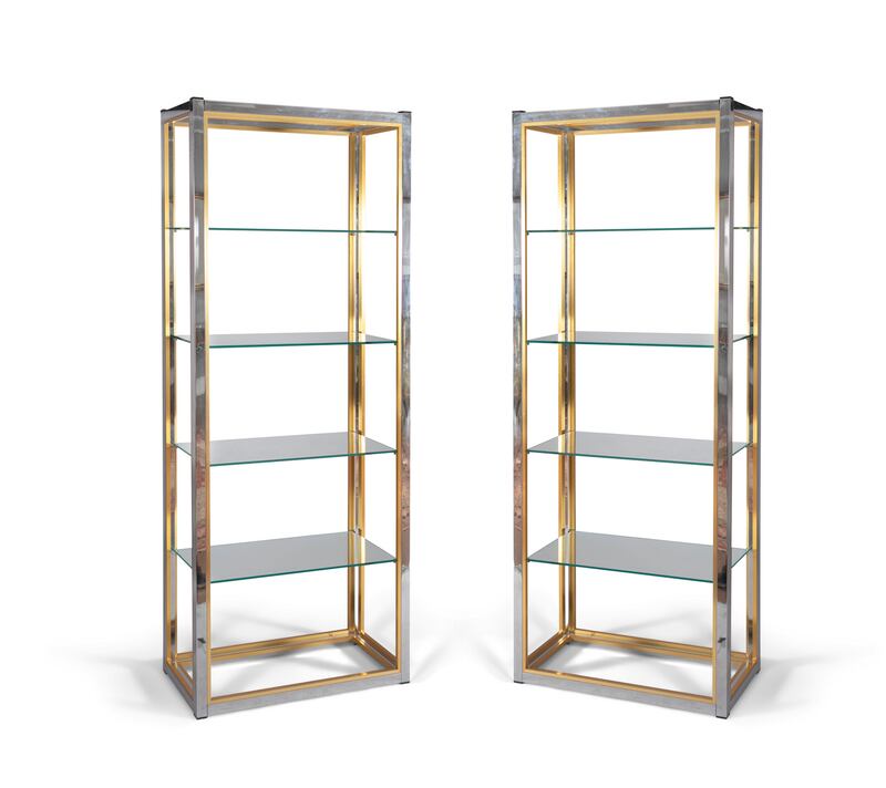 Pair of brass and chrome upright shelf units, €800-€1,200 apiece, to be auctioned at Adam’s sale