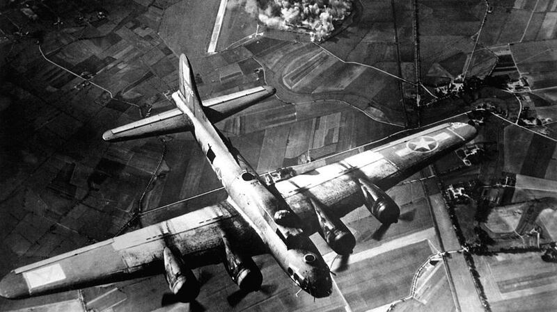 Undated handout photo issued by University of Reading of a raid by the 8th Air Force on the Focke Wulf factory at Marienburg, Germany in 1943. Photograph: PA