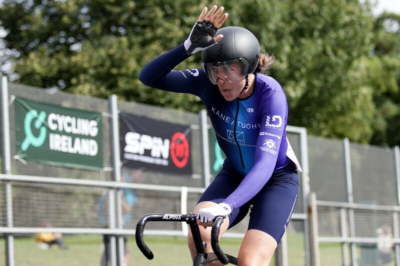 Annalise Murphy of Longcourt Hotel-NCW Wheelers' celebrates victory in the women's senior event at the Cycling Ireland Track National Championships at Sundrive Velodrome, Crumlin, Dublin. Photograph: Laszlo Geczo/Inpho 