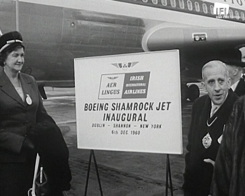 A still from the inaugural transatlantic Aer Lingus flight between Dublin, Shannon and New York from December 1960. It is part of the Amharc Éireann film archive which has been digitised and released by the Irish Film Institute.